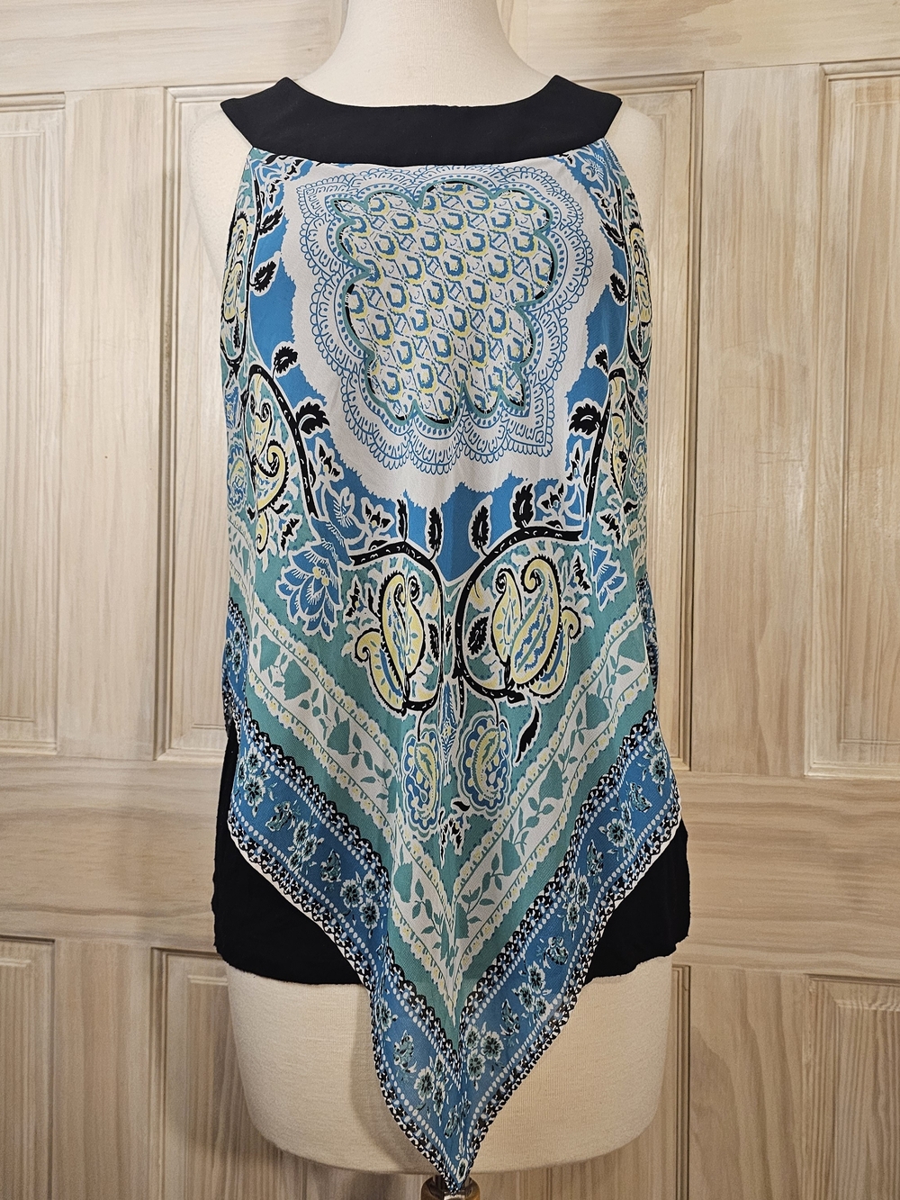Alyx Black Mulit Print Women's Tank Top With Handercheif Overlay In Size M
